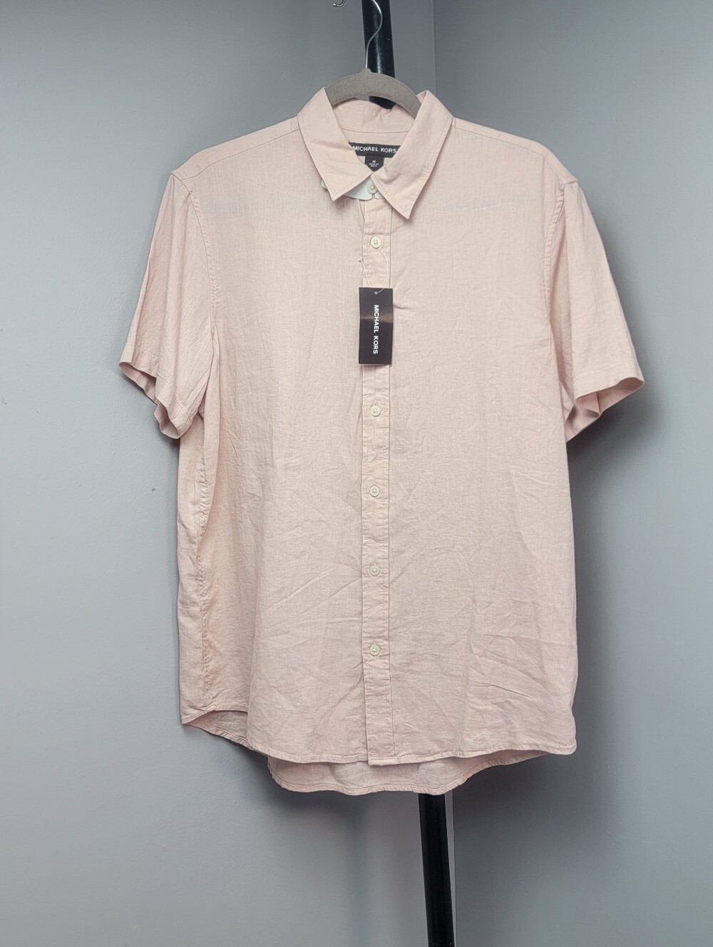 Michael Kors Mens M Short-Sleeve Button-Down Shirt Top Pale Pink Rosewater Light